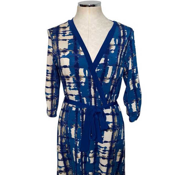 BLACK Saks Fifth Avenue Blue Tie Dye Print Surplice Faux Wrap Maxi Dress Size M - Picture 3 of 9